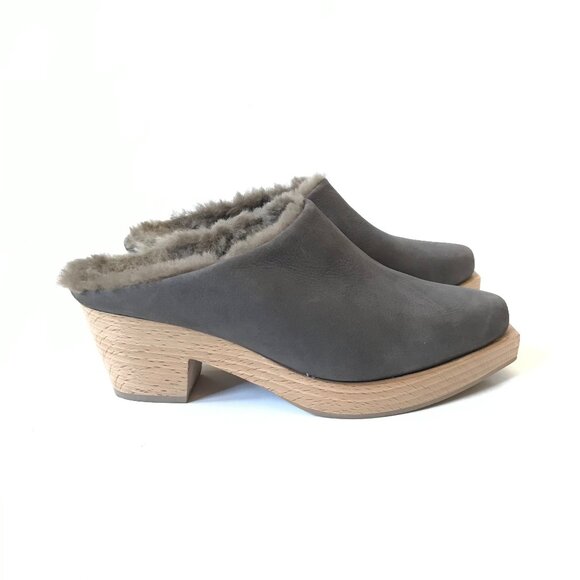 Coclico Kera Shearling Lined Clogs Mules Womens Gray Wood Sole